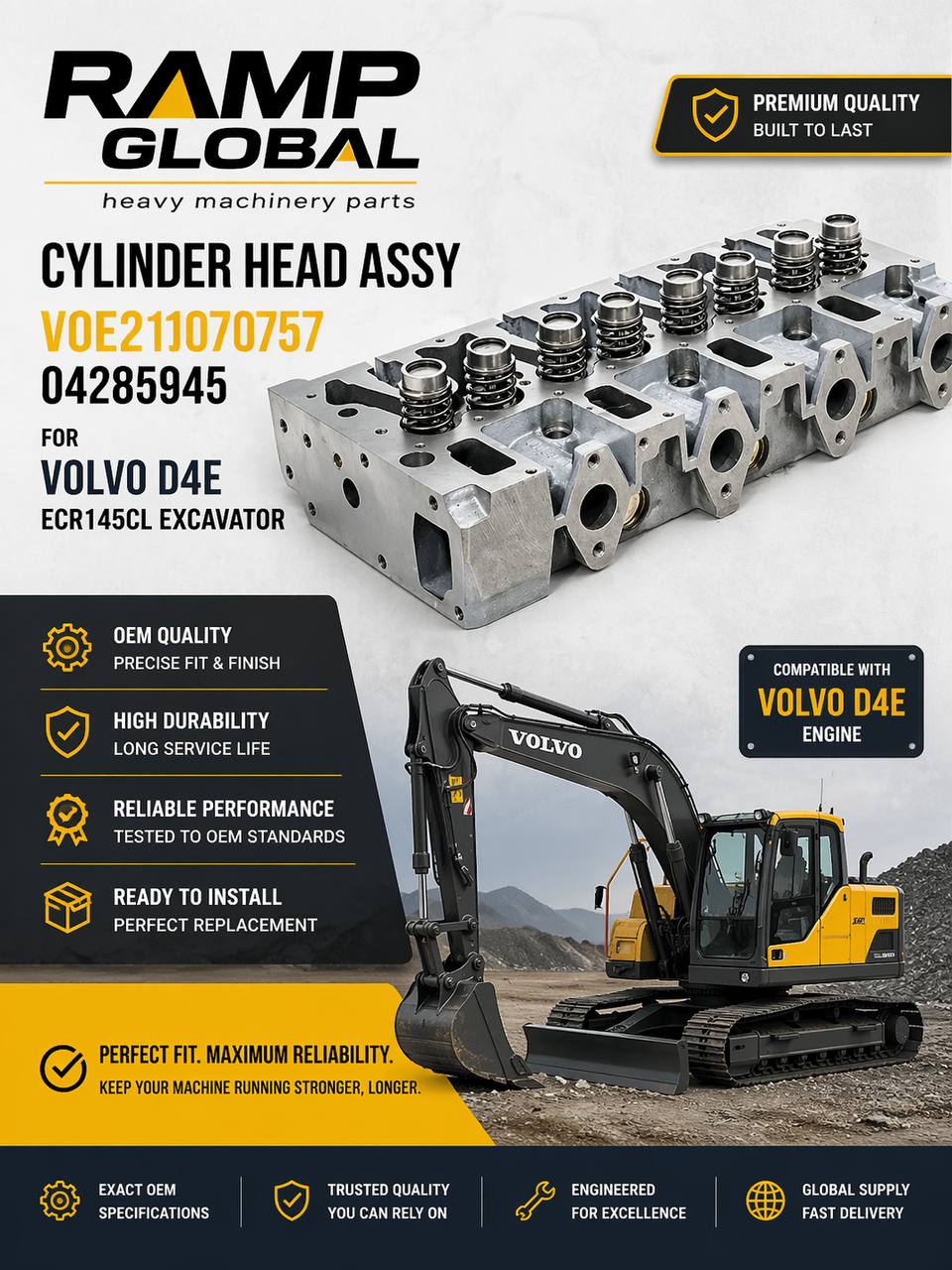Cylinder Head Assembly VOE21070757 / 04285945 – For Volvo D4E Engine – Fits Volvo ECR145CL Excavator